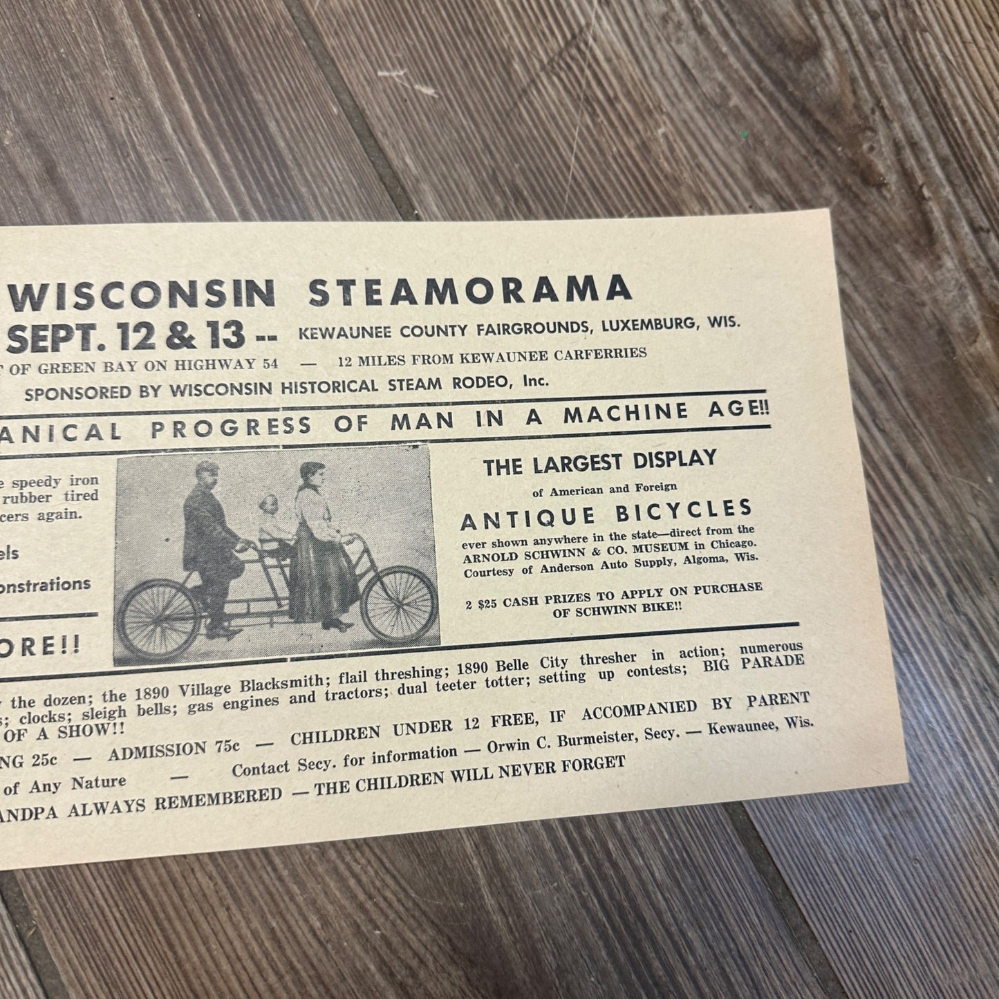 Vintage 1959 Wisconsin Steamorama Promo Poster Antique Bicycles Luxemburg WI