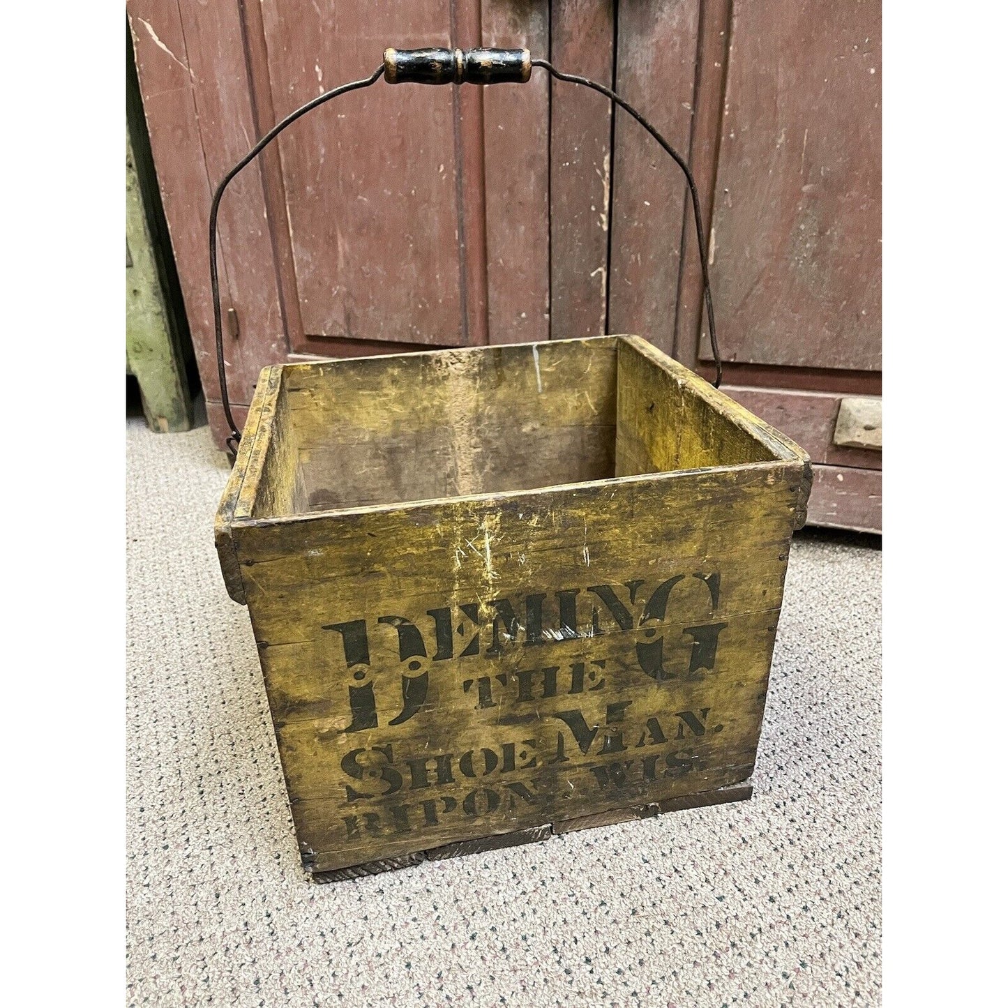 Antique Primitive Wooden Egg Crate Shoe Advertising Mustard Yellow Ripon Wis