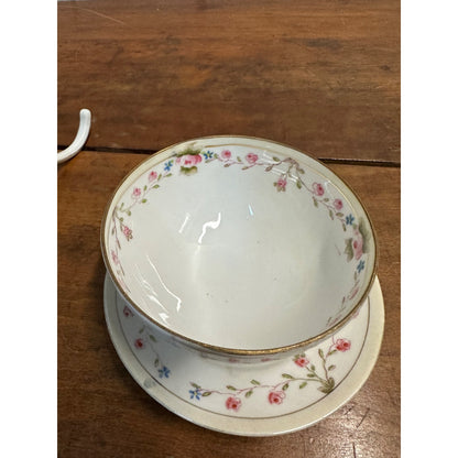 Vintage Nippon Hand Painted Condiment Mayo Bowl w/ Ladle + Plate Platter Pink Rose