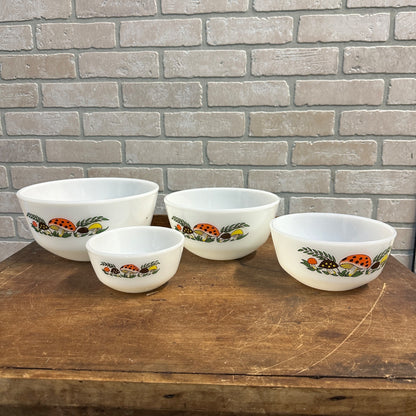 RARE MERRY MUSHROOM NESTING MIXING BOWLS FIRE KING SET OF 4 COMPLETE