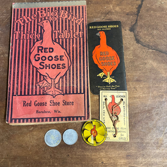 ANTIQUE RED GOOSE SHOES LOT BOOK NOTEPAD STRING GAME SPINNER COINS
