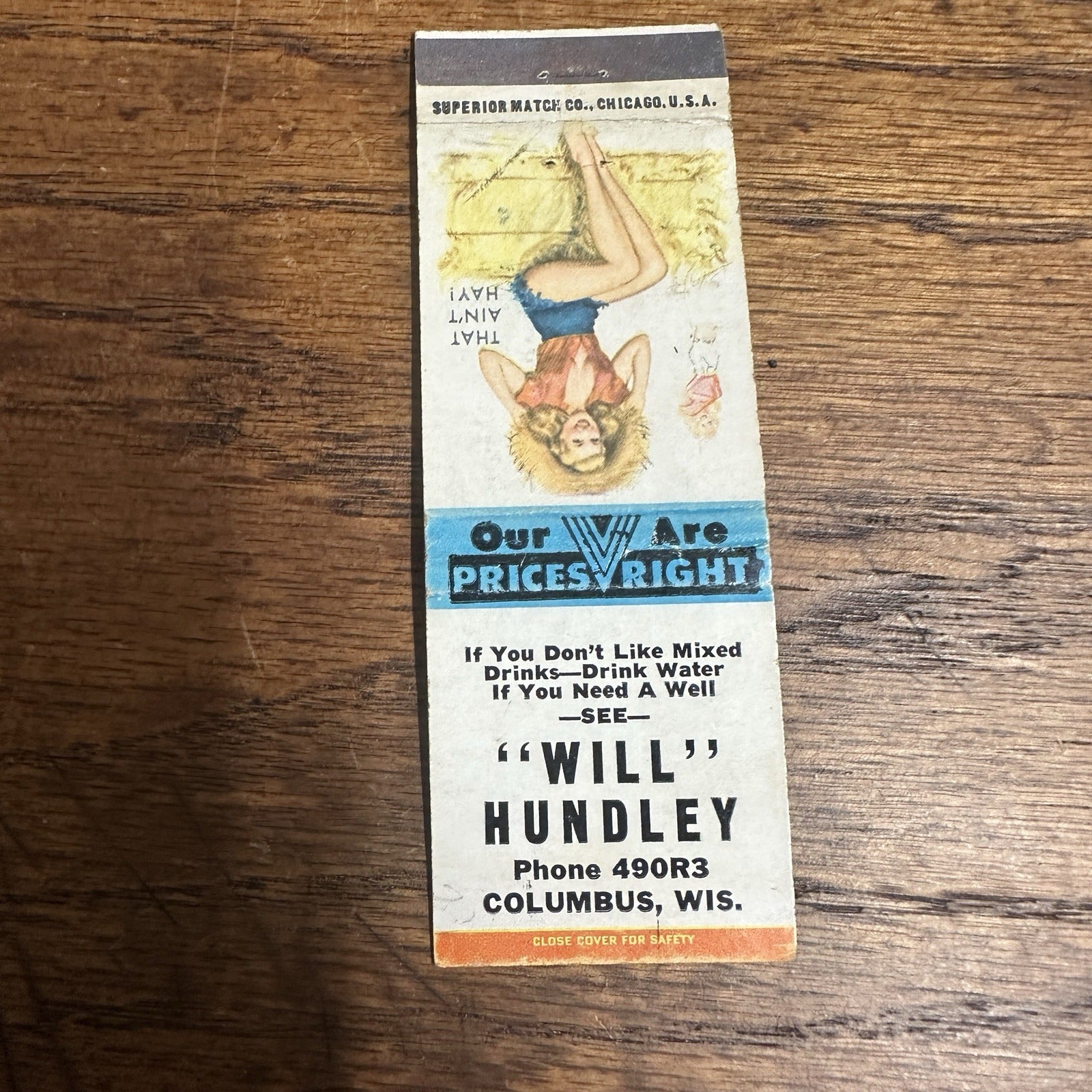 1940s 1950s Pinup Girl Girlie Matchbook Cover Will Hundley Columbus Wis Bar