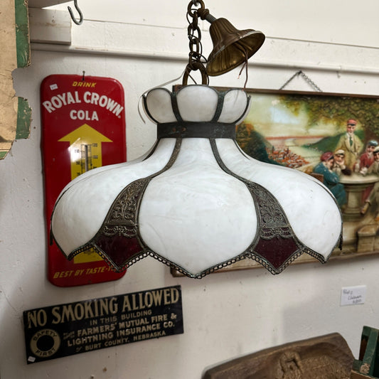 Antique Vintage Art Nouveau Large Hanging Pendant Slag Glass Light w/ Red Accents