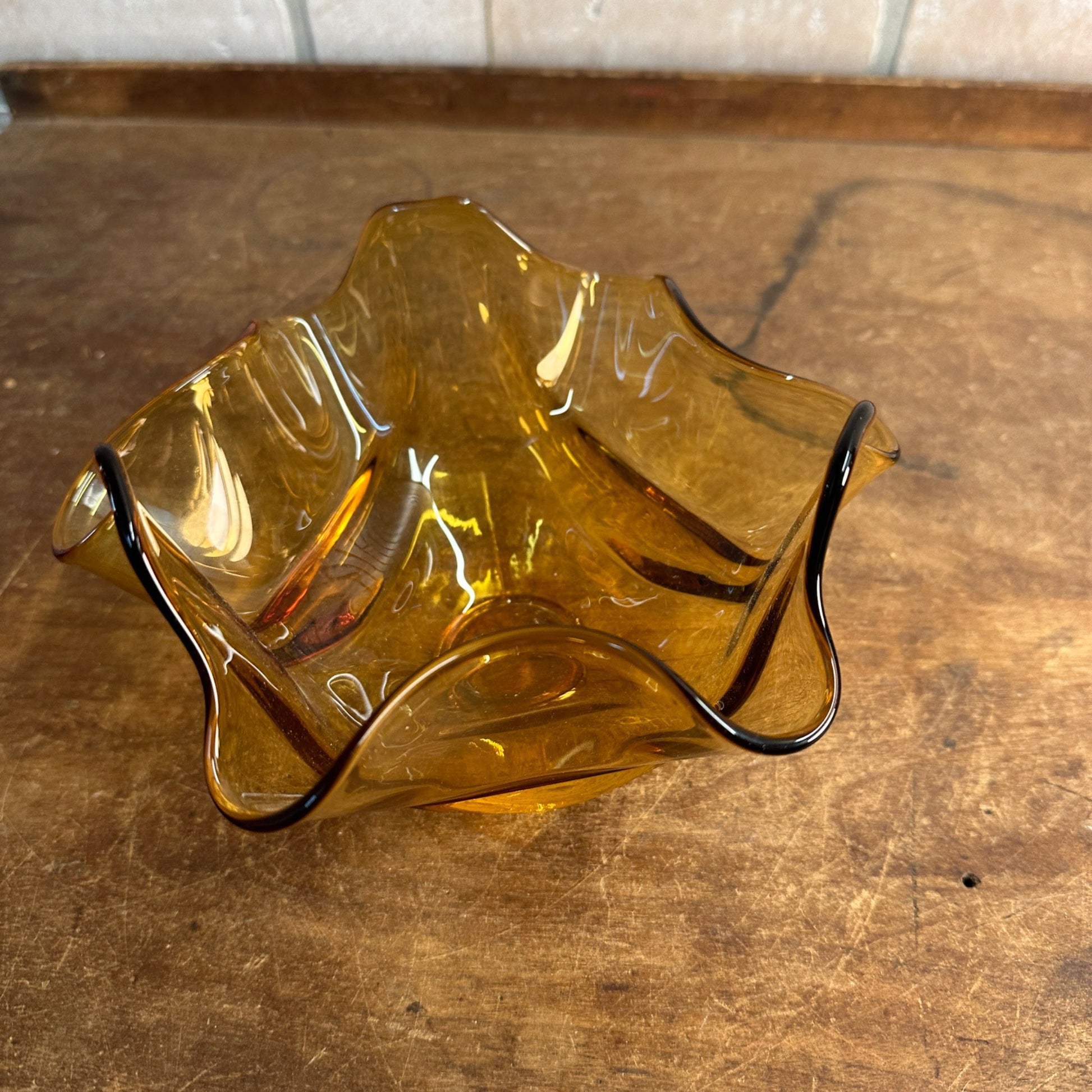 Vintage Viking Art Glass - Bowl Epic Drape Handkerchief Pattern Amber Decor MCM