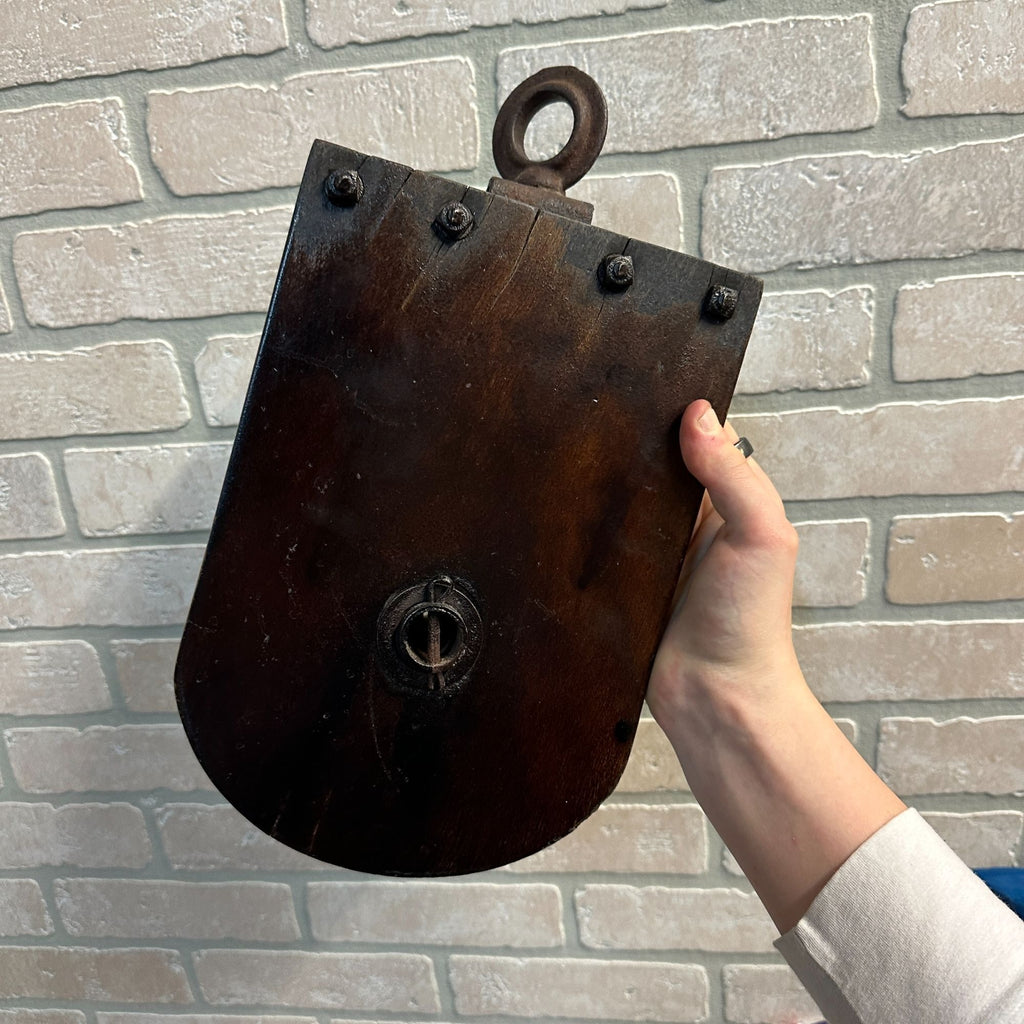 ANTIQUE LARGE WOODEN BLOCK TACKLE PULLEY NAUTICAL INDUSTRIAL 11" X 7.5"
