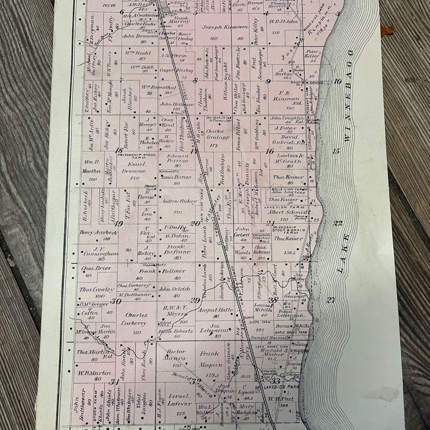 Antique 1893 Friendship Lake Winnebago Wisconsin Wis Plat Map Township