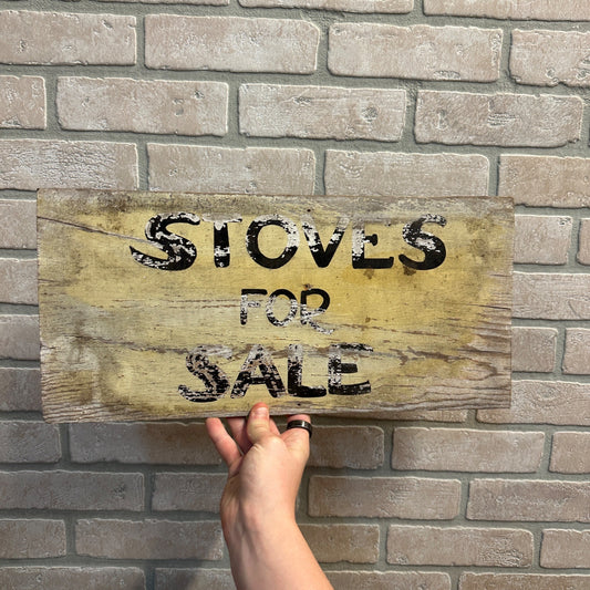 Vintage 1950s "Stoves for Sale" Painted Wooden Advertising Trade Sign Primitive Decor