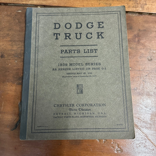 Vintage Dodge Truck Parts List Book - 1938 Models - Chrysler Corp Catalog