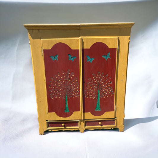 Antique Swedish Tree Butterfly Yellow Carved Cabinet Wardrobe Pantry Primitive