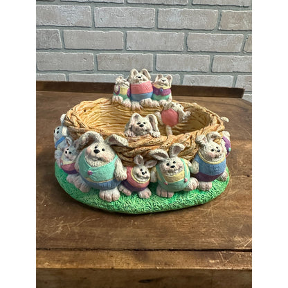 1992 Accents Unlimited Easter Planter Ceramic Rabbits Bunny Nest Basket