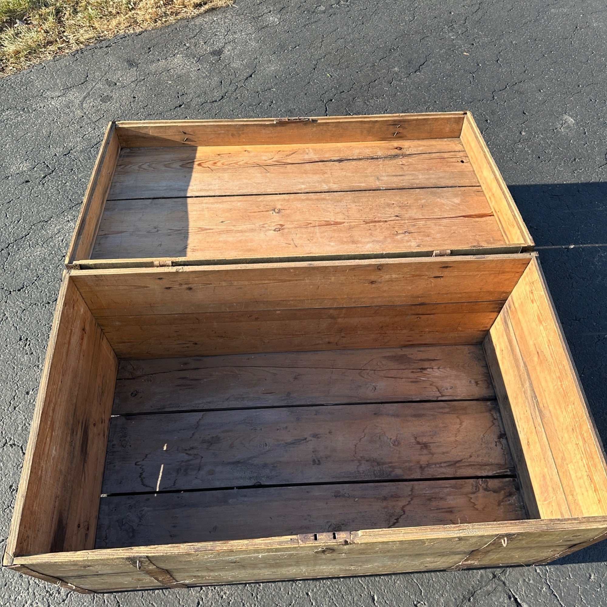 Antique Large Primitive Trunk Chest Gray Off-White Coffee Table Immigrant