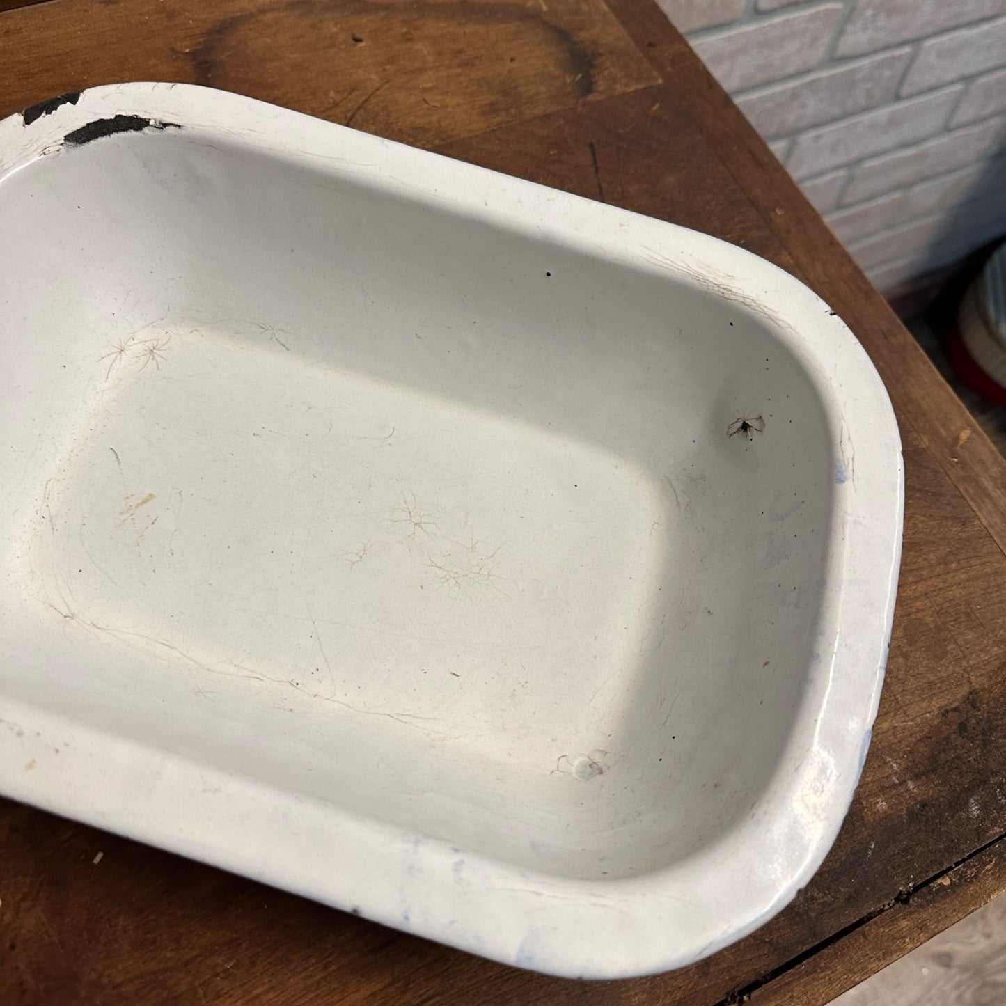 Antique Primitive Blue Swirl Enamelware Baking Casserole Dish Pan Vintage Farmhouse