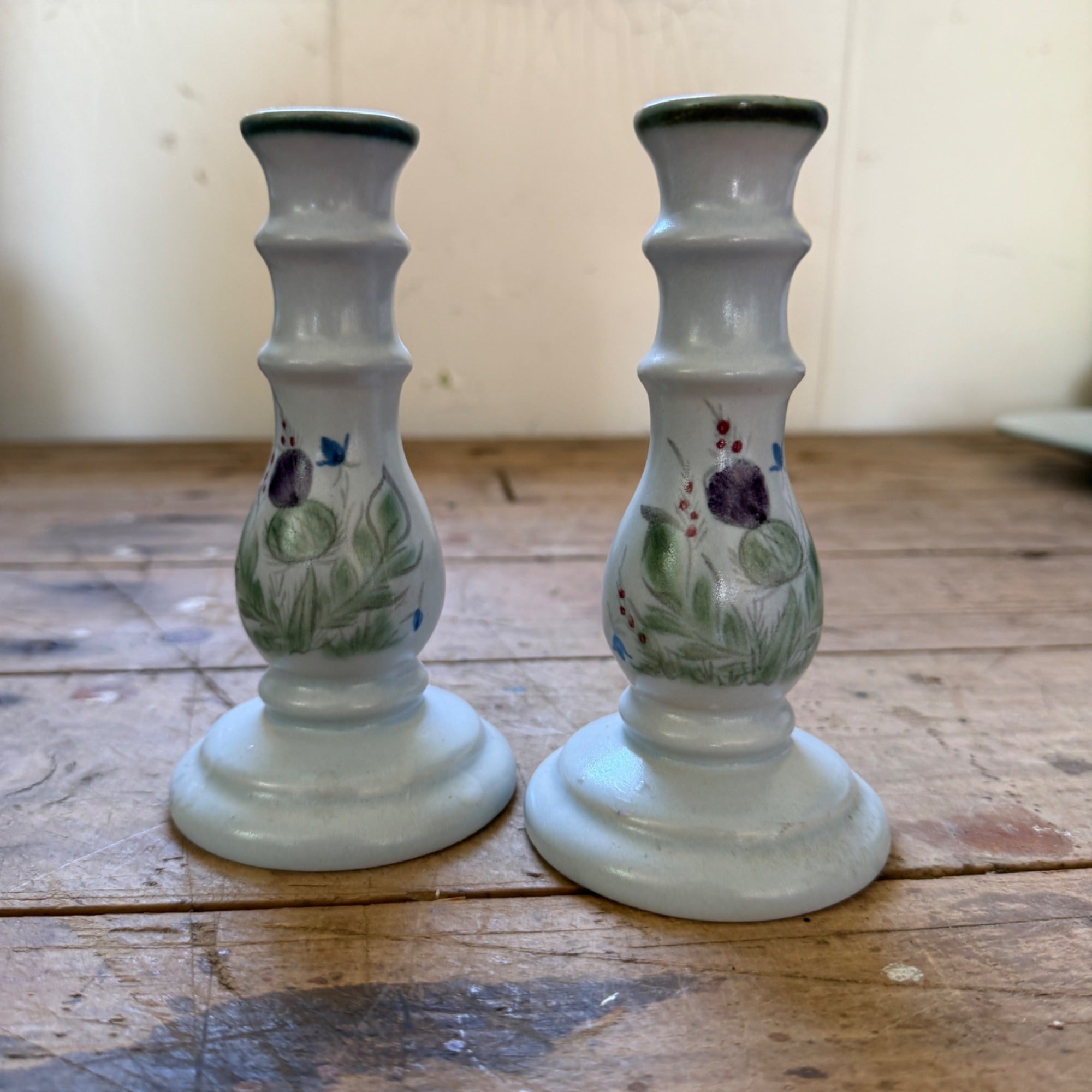 Buchan Thistle Serving  Scotland Stoneware Pottery Pair Candlesticks