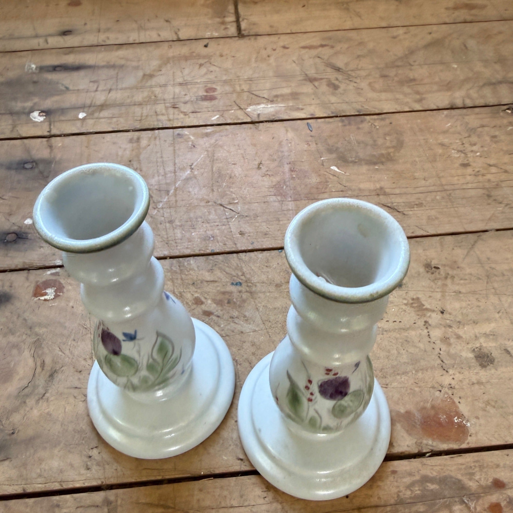 Buchan Thistle Serving  Scotland Stoneware Pottery Pair Candlesticks