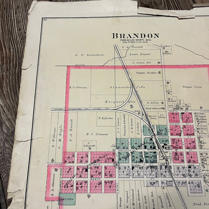 Antique 1893 Metomen Brandon Wisconsin Wis Plat Map Township