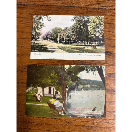 Vintage (2) Delavan Wisconsin Wis Original Postcards Walworth Ave Highland Park Lake
