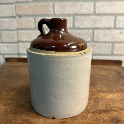 Antique 8" Brown Two-Tone Stoneware Jug Moonshine W/ Handle Unmarked Glazed