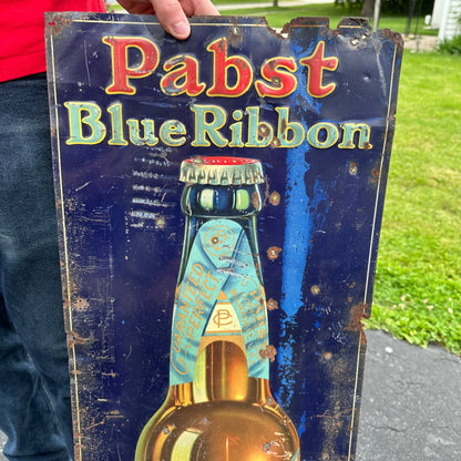 Vintage 1930s Pabst Blue Ribbon Beer Tin Metal Advertising Sign Early Wisconsin