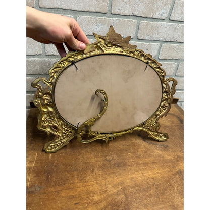 Antique Vintage Cast Iron Victorian Dresser Vanity Mirror w/ Easel Back Cherubs