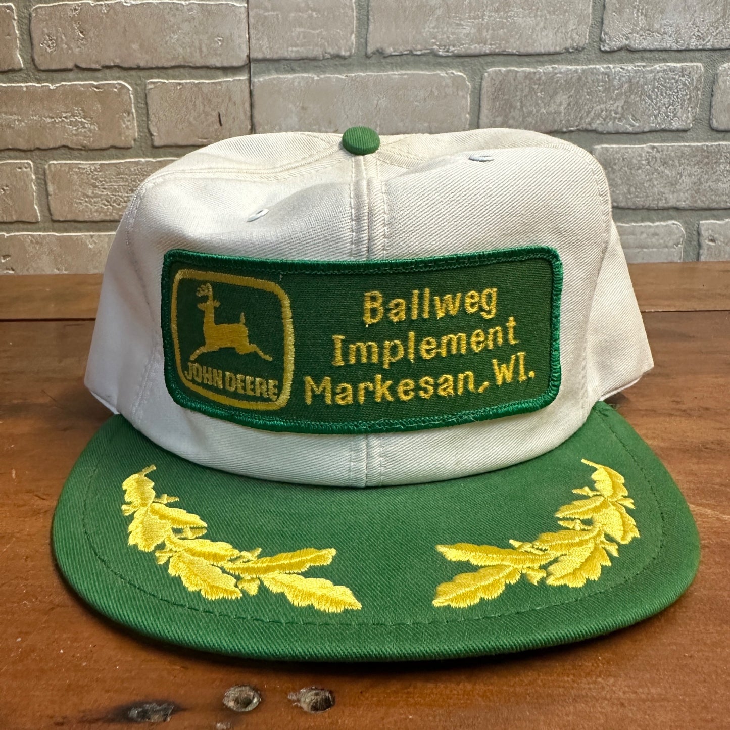 RARE Vintage John Deere Implement Farm Snapback Trucker Hat Cap Patch Markesan Wi