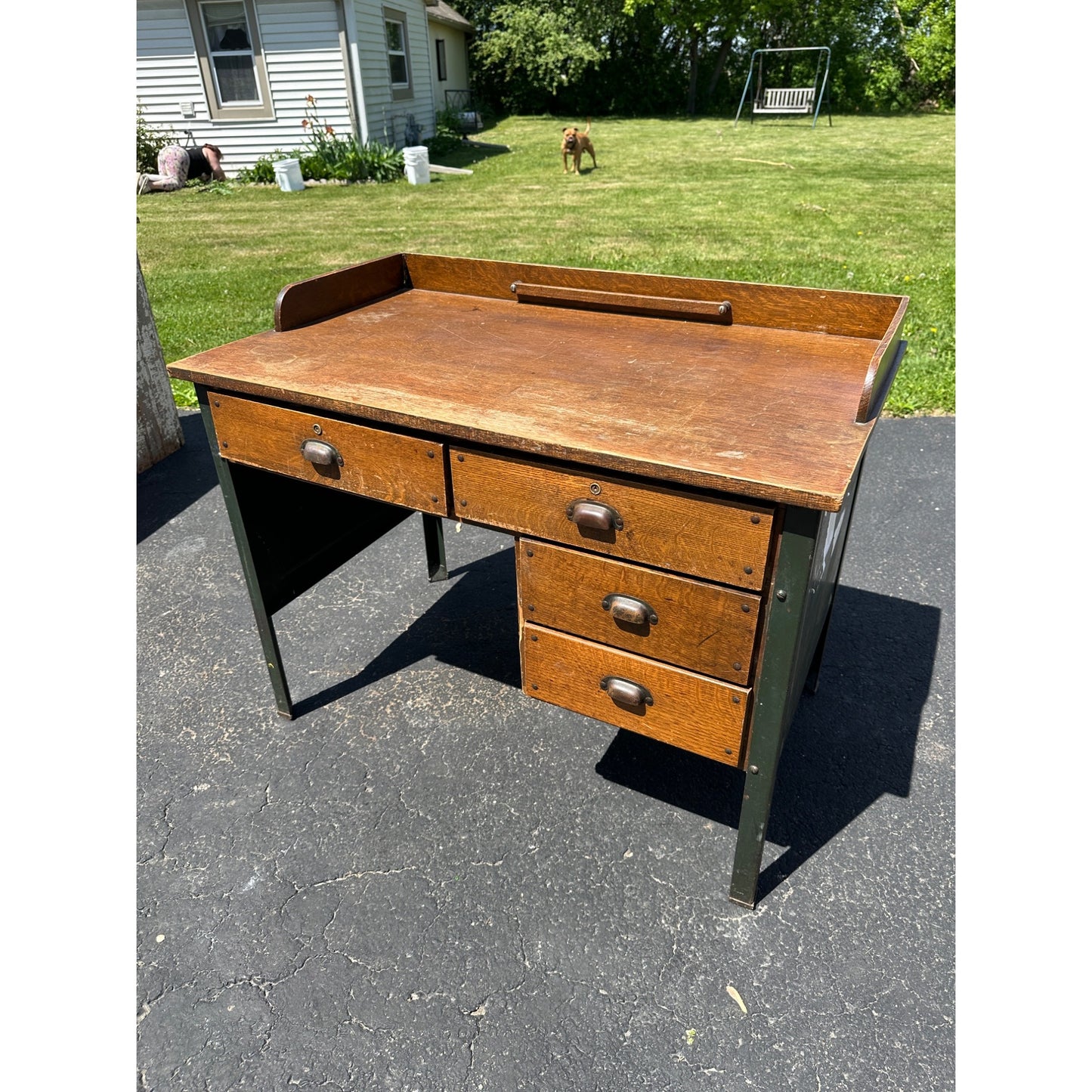 Vintage 1940s  Wooden Steel Industrial Engineers Shop Worker's Desk