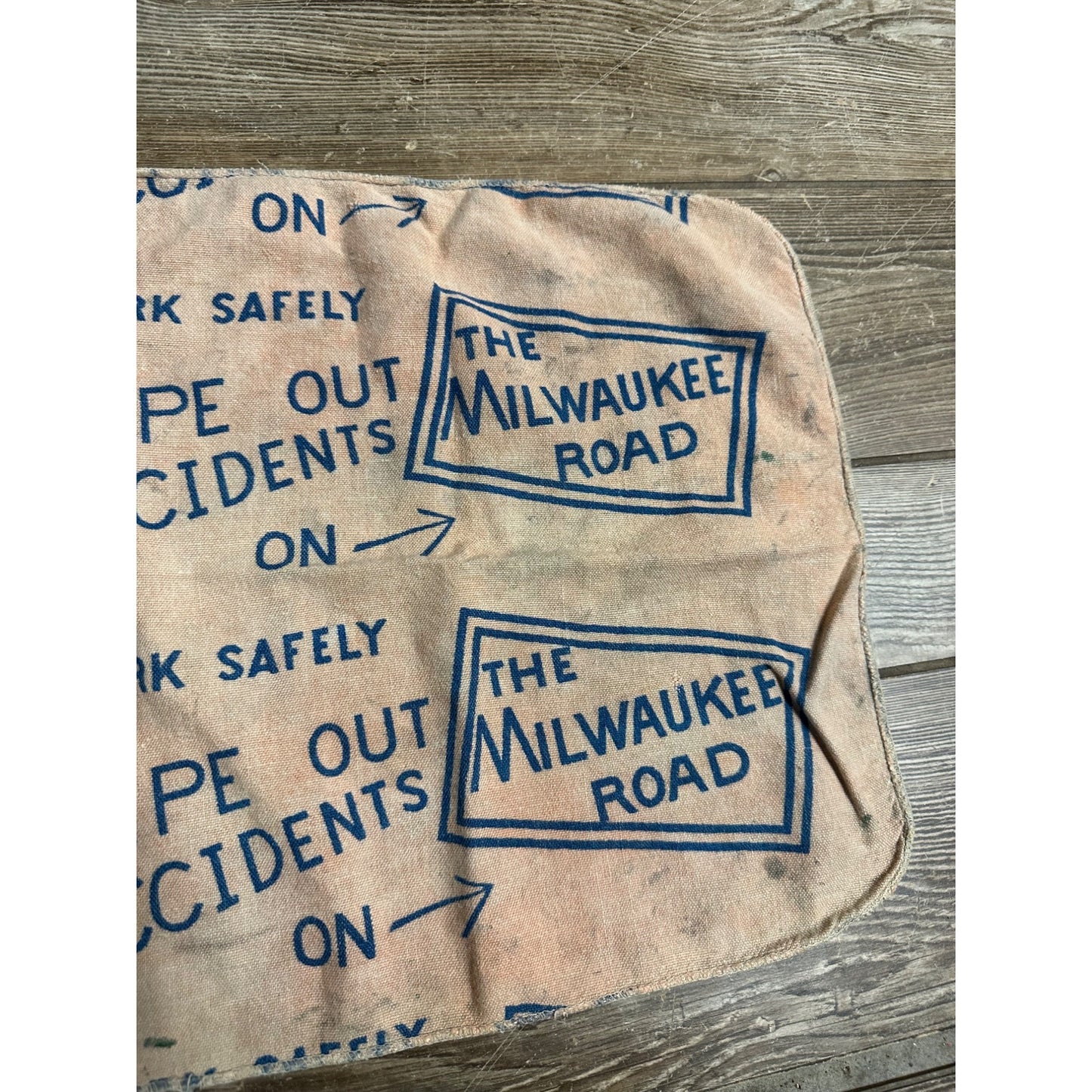 VINTAGE MILWAUKEE ROAD WIPE OUT ACCIDENTS TOWEL APPROX. 14"X15" RAG