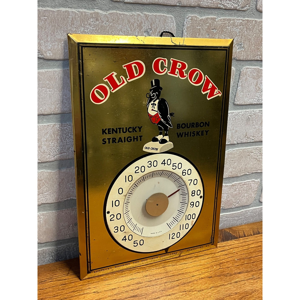 Vintage Original Old Crow Kentucky Whiskey Tin Thermometer Sign 13"x9"