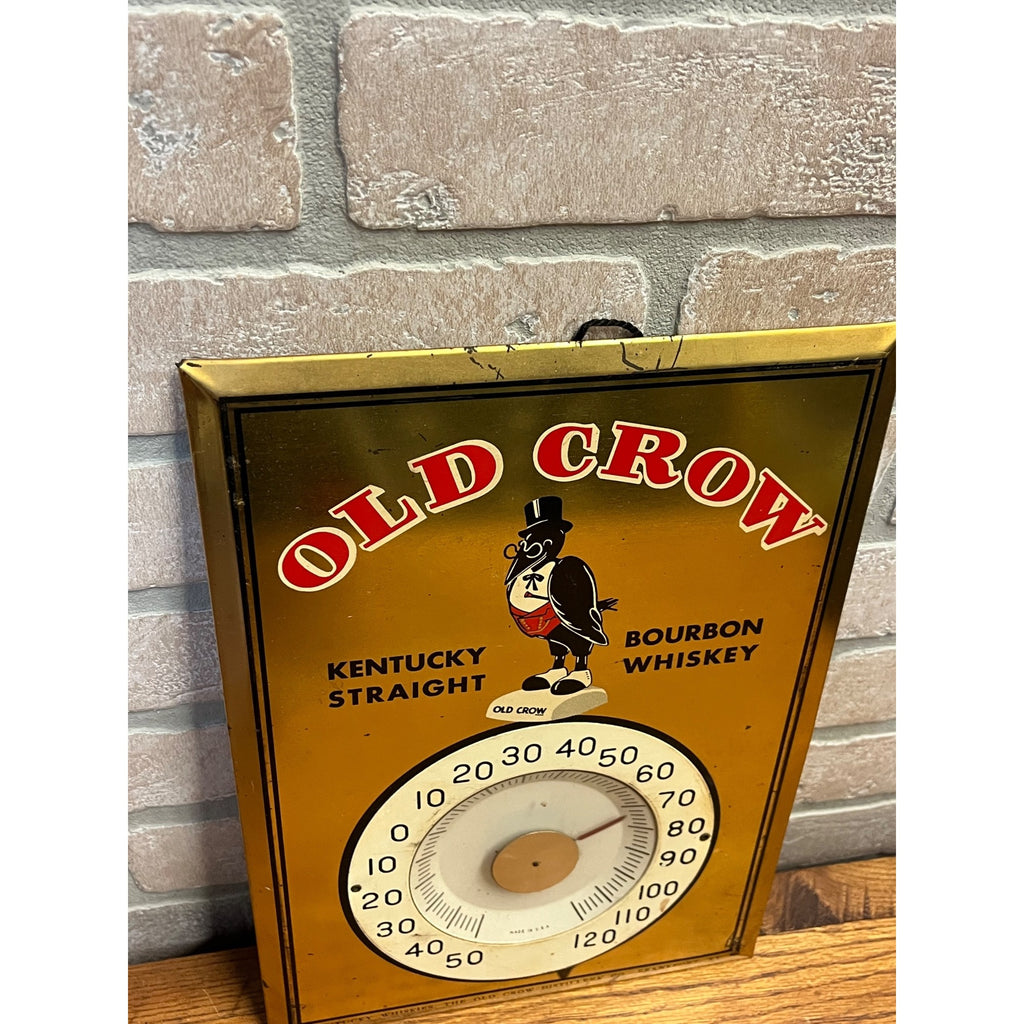 Vintage Original Old Crow Kentucky Whiskey Tin Thermometer Sign 13"x9"