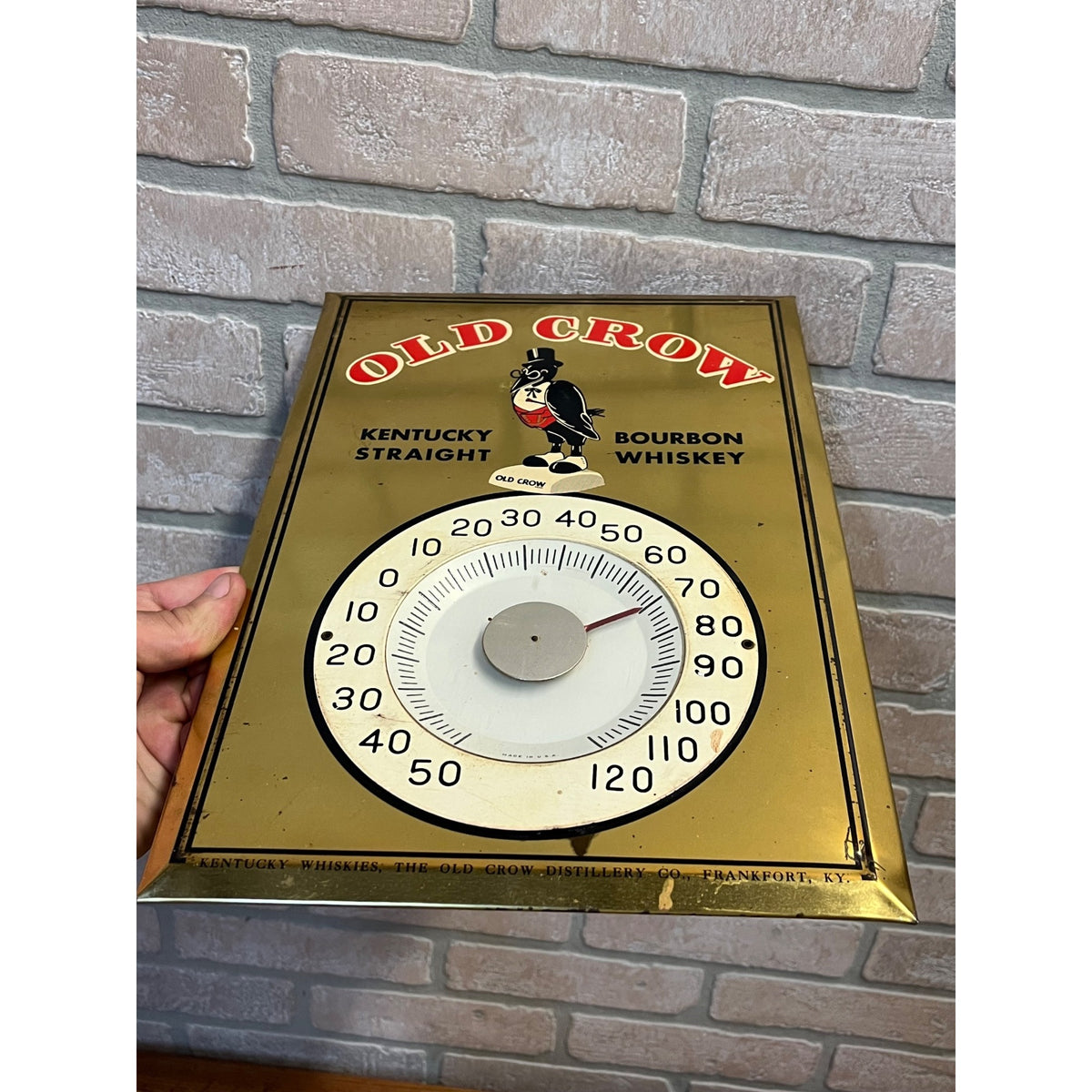 Vintage Original Old Crow Kentucky Whiskey Tin Thermometer Sign 13"x9"