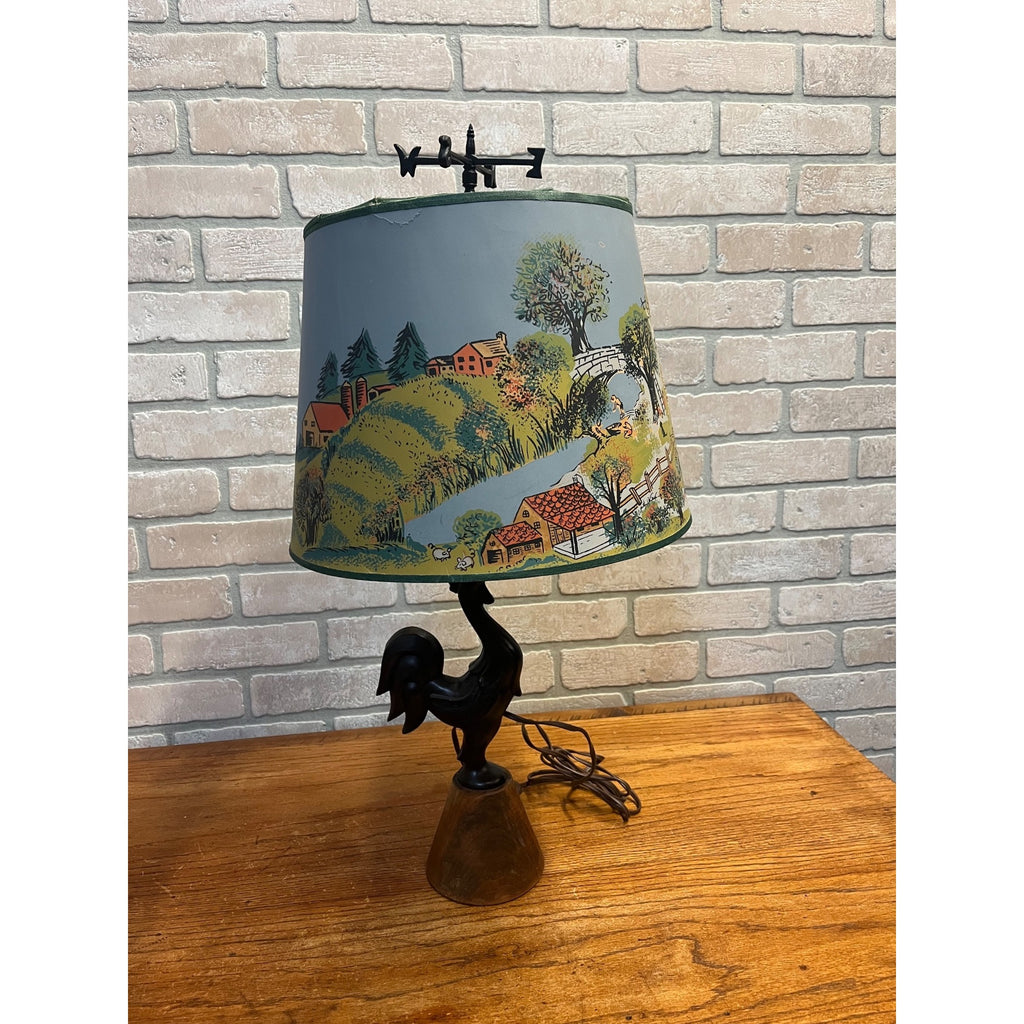Vintage 1950s Rooster Weathervane Farm Theme Child's Lamp w/ Paper Shade