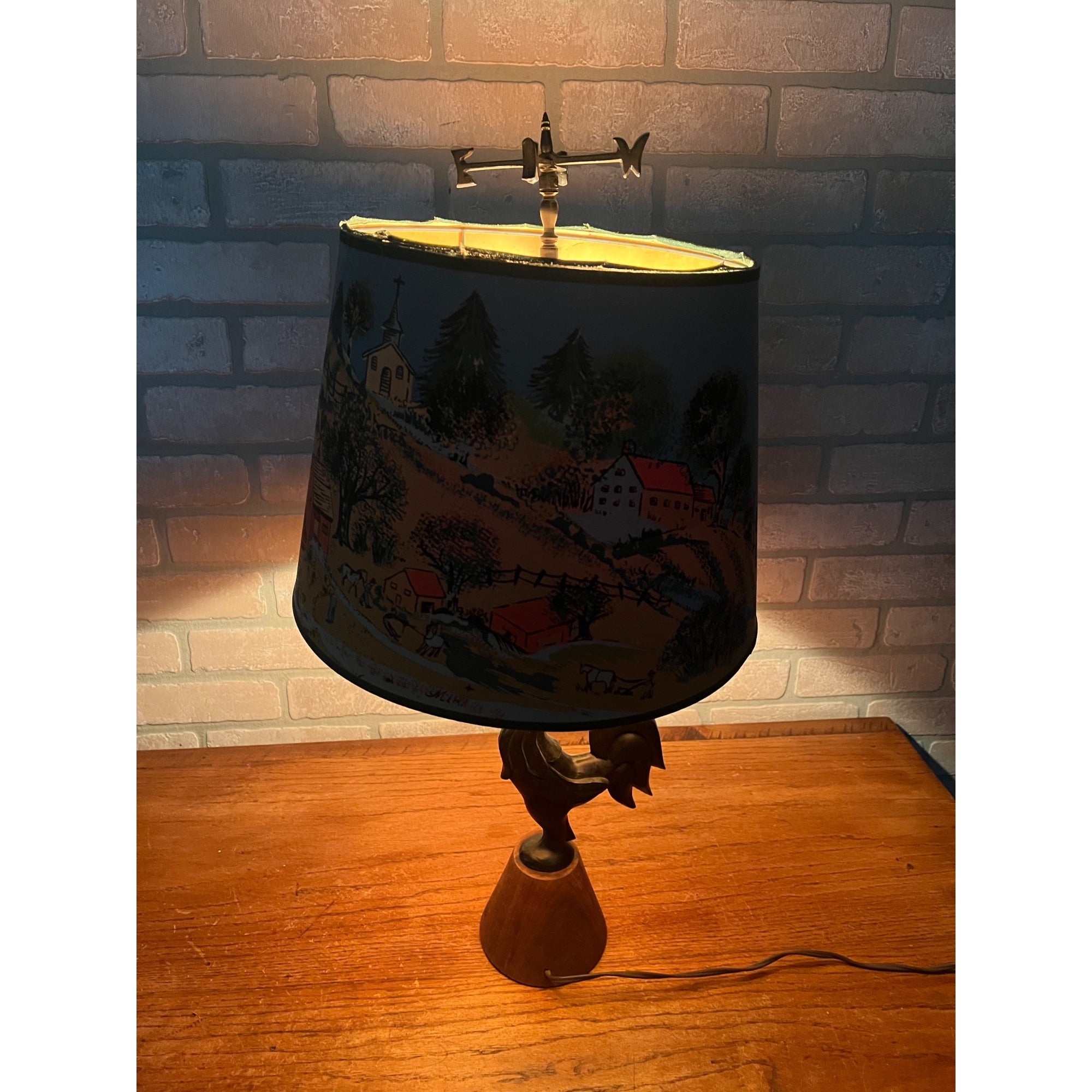 Vintage 1950s Rooster Weathervane Farm Theme Child's Lamp w/ Paper Shade