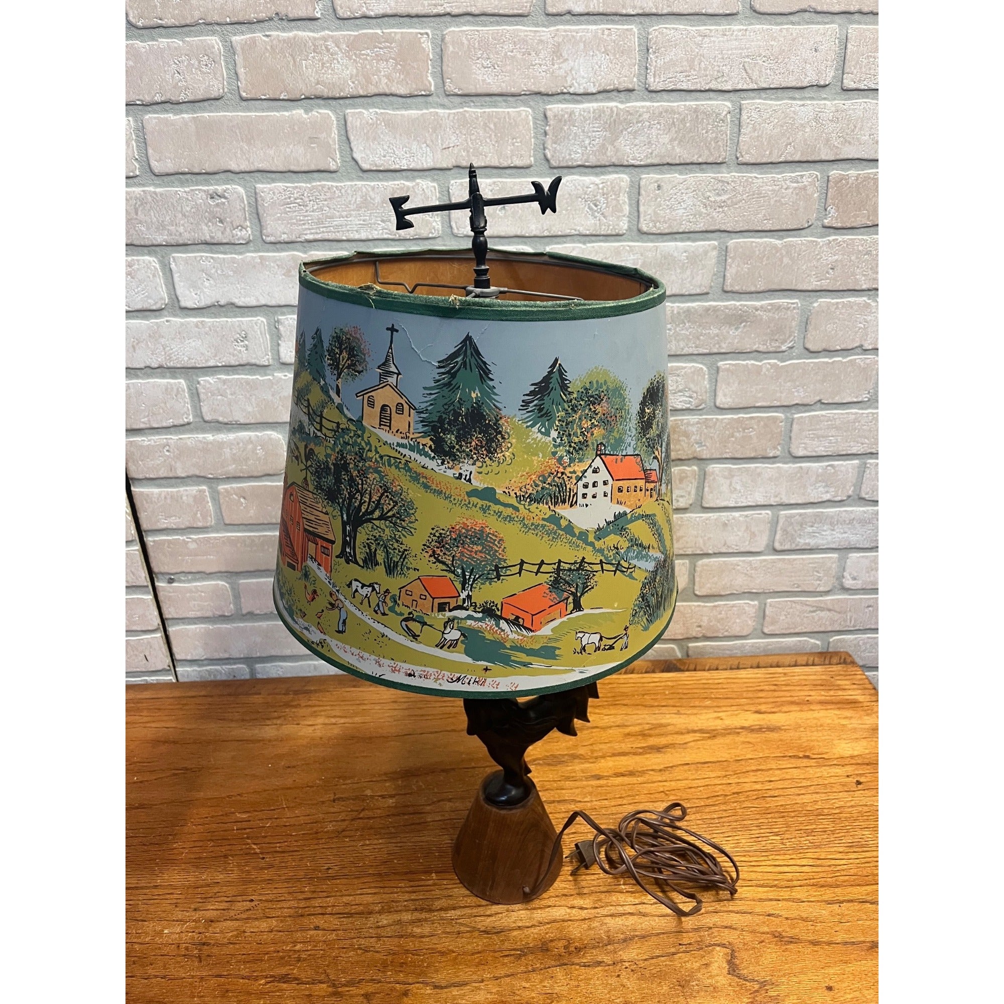 Vintage 1950s Rooster Weathervane Farm Theme Child's Lamp w/ Paper Shade