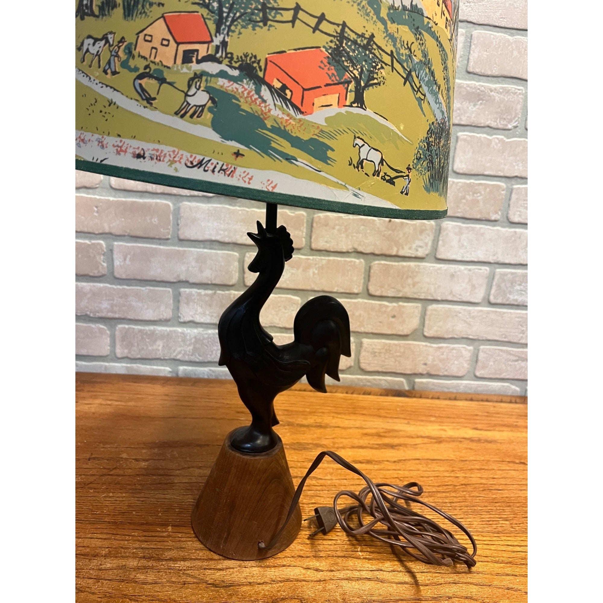 Vintage 1950s Rooster Weathervane Farm Theme Child's Lamp w/ Paper Shade