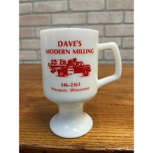 Vintage Dave's Modern Milling Truck Advertising Milk Glass Footed Mug Waupun WI