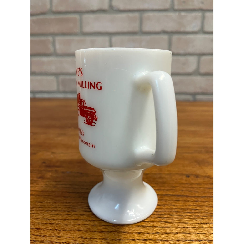 Vintage Dave's Modern Milling Truck Advertising Milk Glass Footed Mug Waupun WI