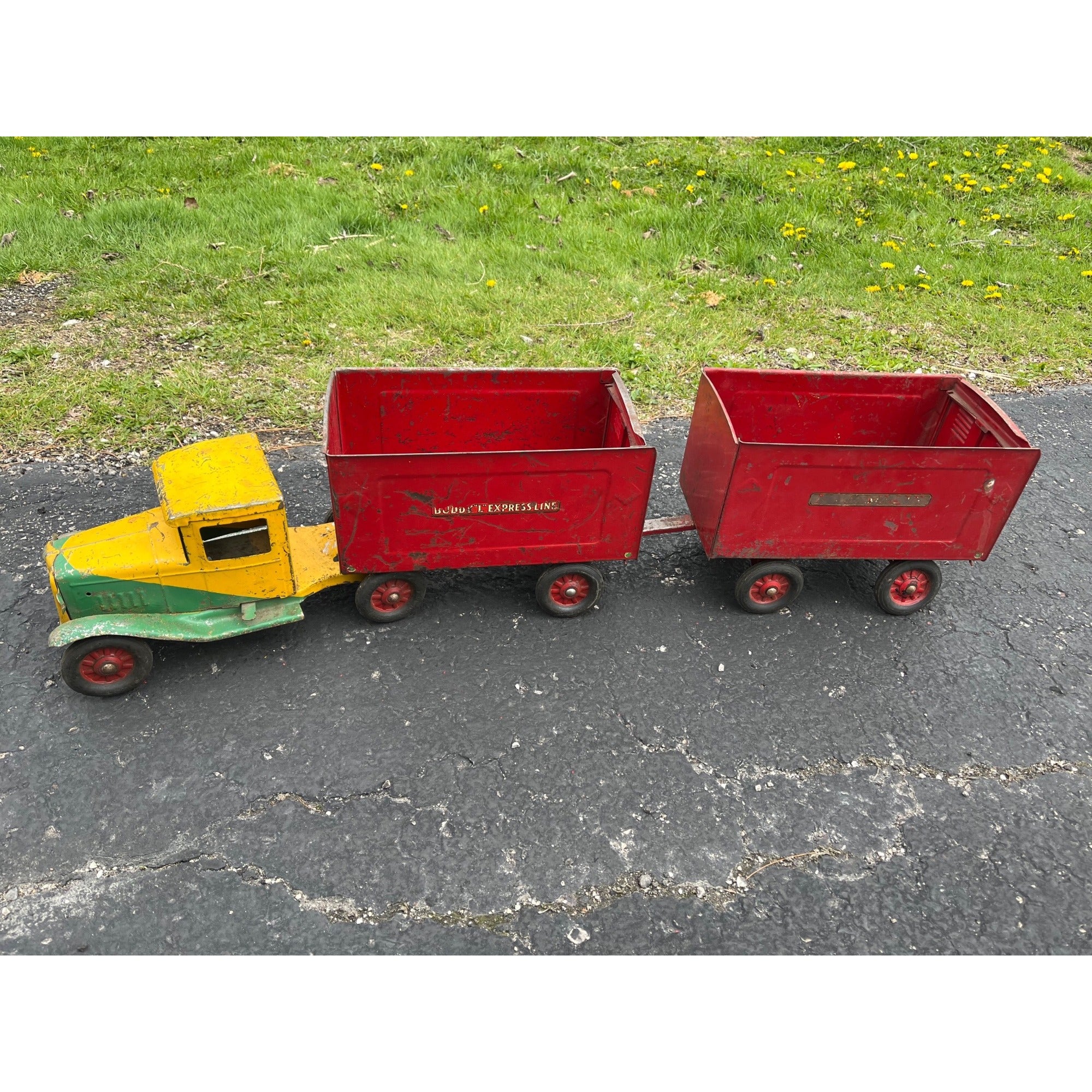 Vintage 1930s Buddy L Express Line Pressed Steel Toy Tandem Trailer Truck