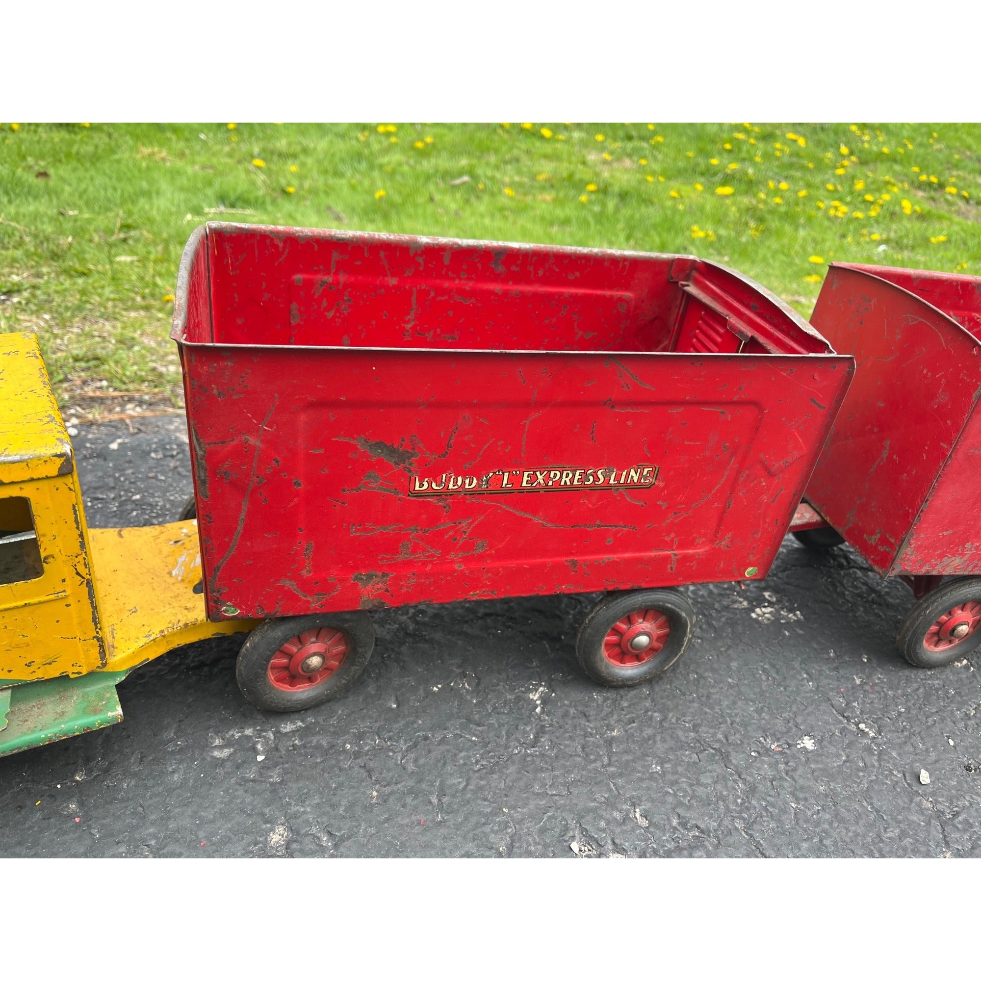 Vintage 1930s Buddy L Express Line Pressed Steel Toy Tandem Trailer Truck