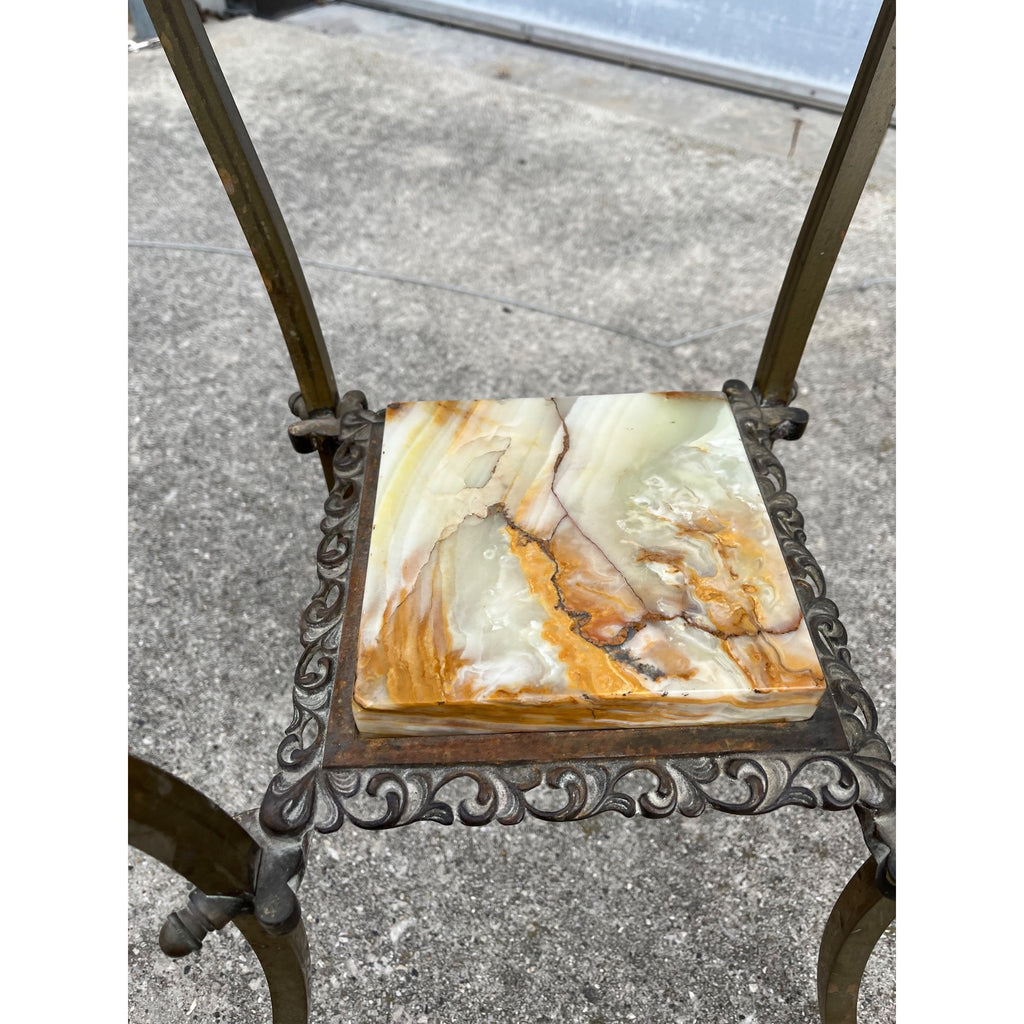 Antique Victorian 1890s Brass & Onyx Marble Plant Stand Accent Table