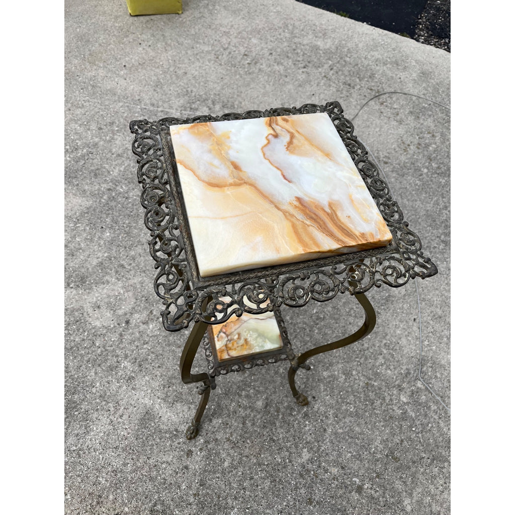 Antique Victorian 1890s Brass & Onyx Marble Plant Stand Accent Table
