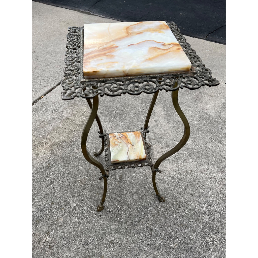 Antique Victorian 1890s Brass & Onyx Marble Plant Stand Accent Table