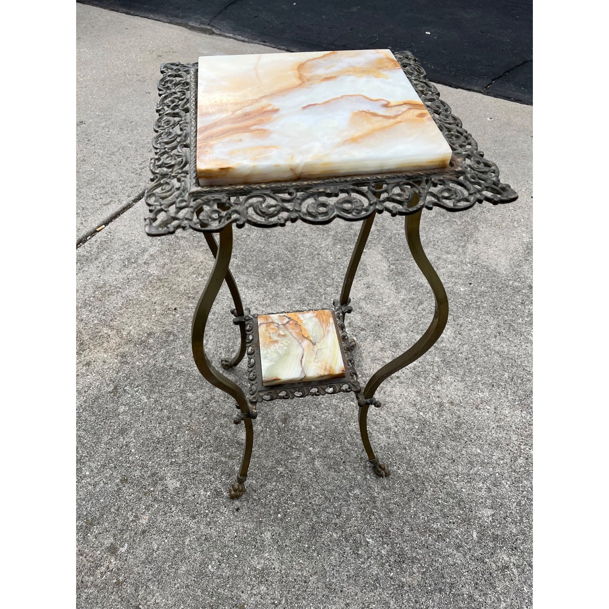 Antique Victorian 1890s Brass & Onyx Marble Plant Stand Accent Table