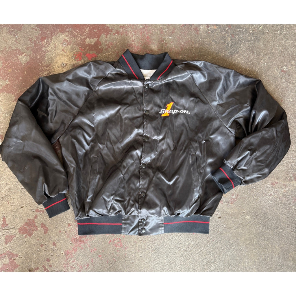 Vintage Snap On Bomber Jacket Horizon Sportswear Black Satin Men's XL