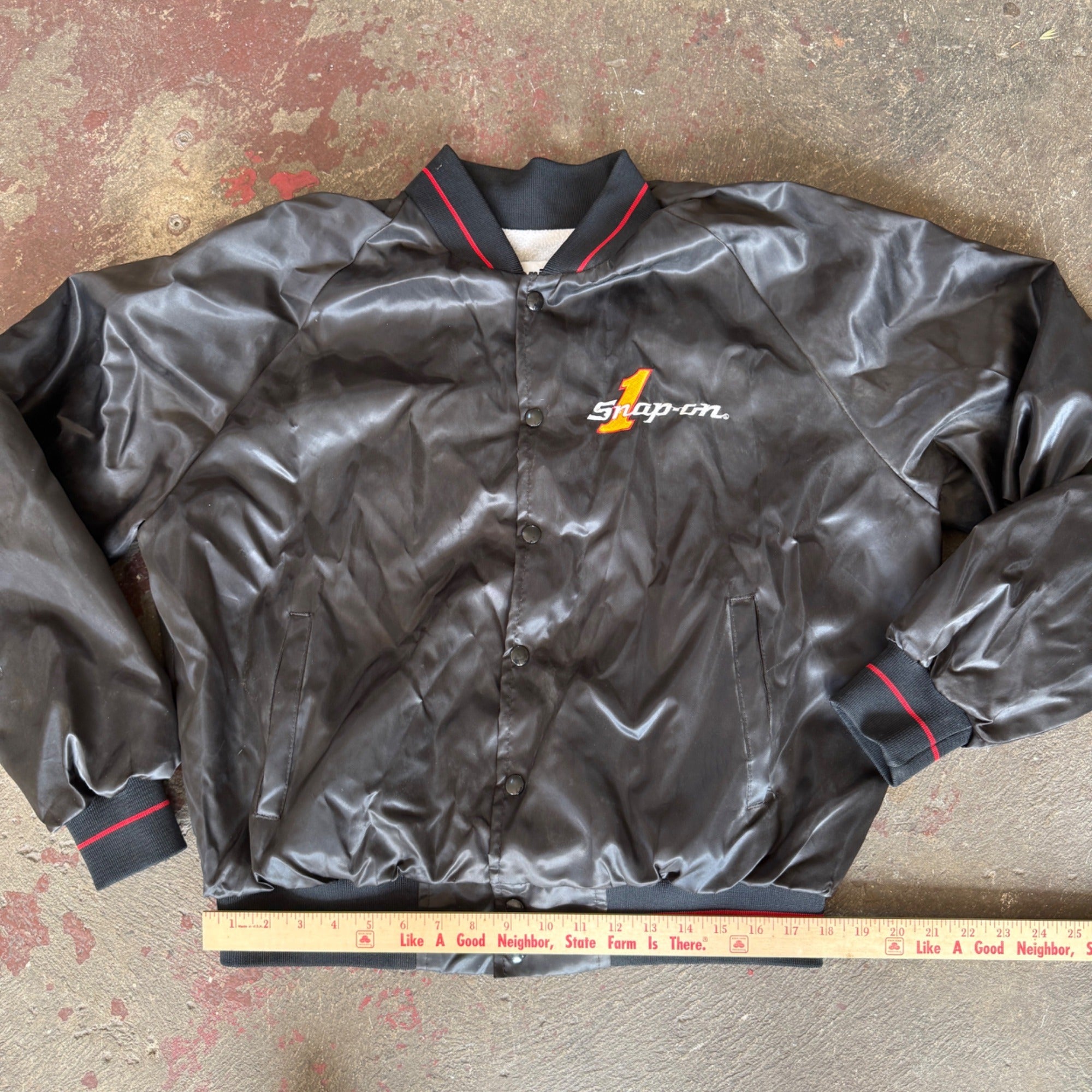 Vintage Snap On Bomber Jacket Horizon Sportswear Black Satin Men's XL