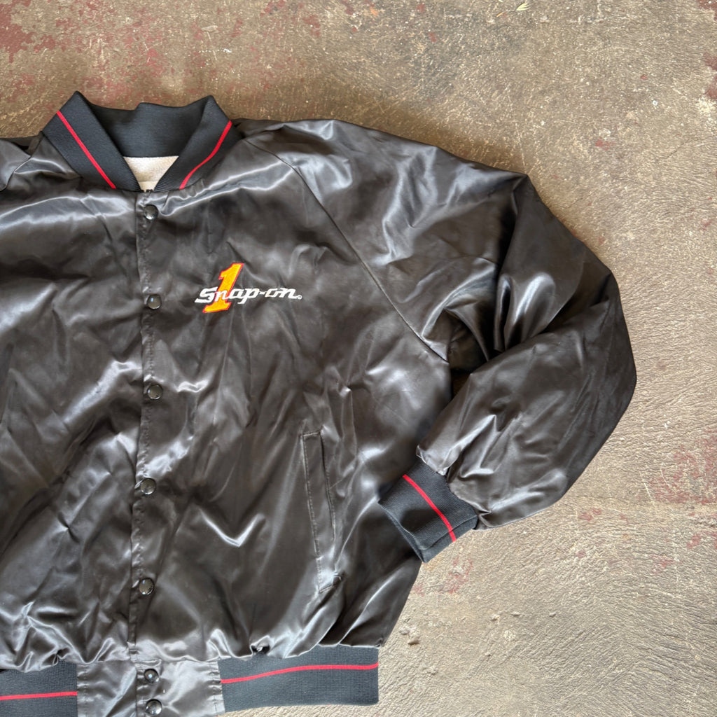 Vintage Snap On Bomber Jacket Horizon Sportswear Black Satin Men's XL