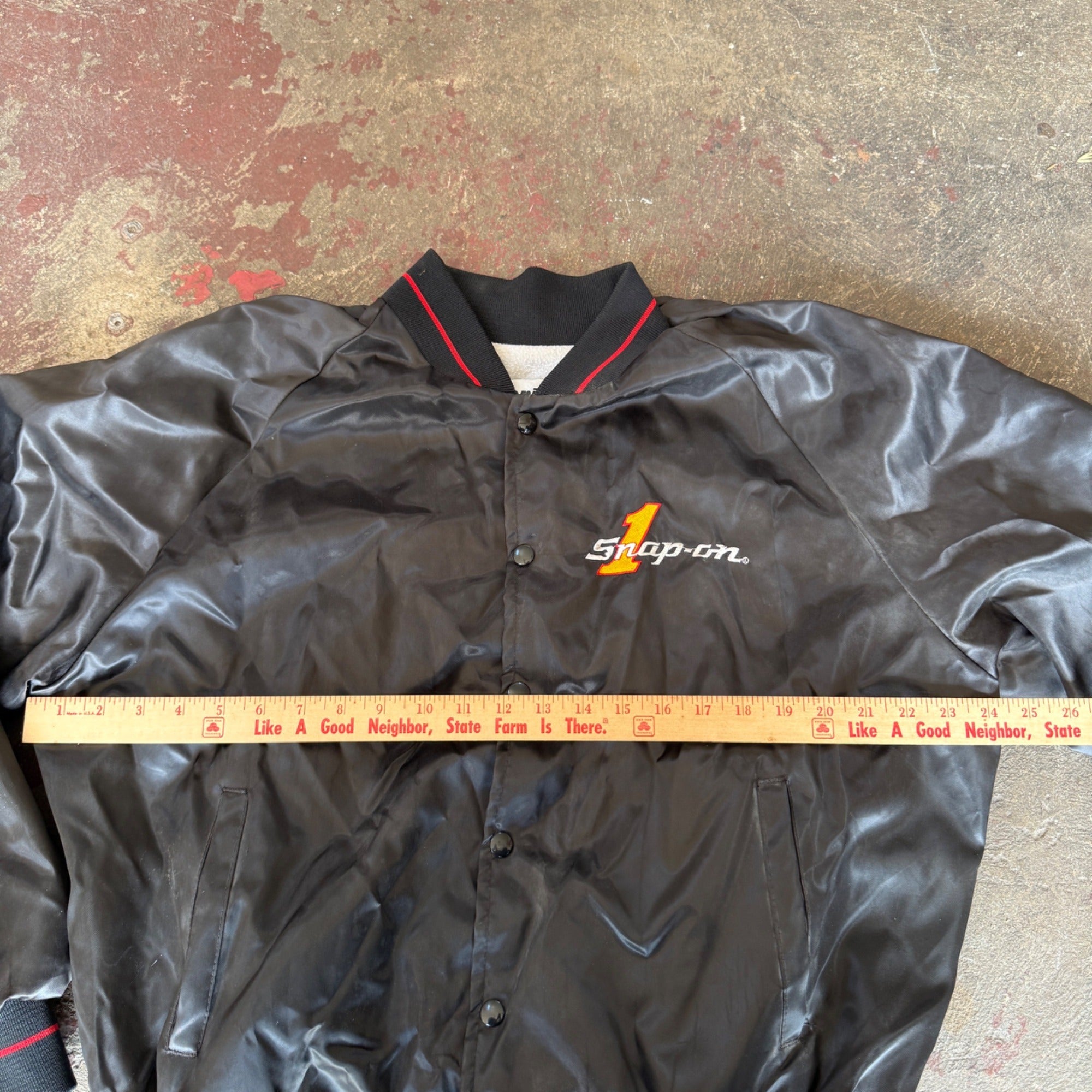 Vintage Snap On Bomber Jacket Horizon Sportswear Black Satin Men's XL