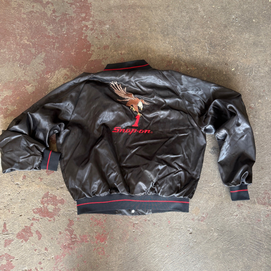 Vintage Snap On Bomber Jacket Horizon Sportswear Black Satin Men's XL