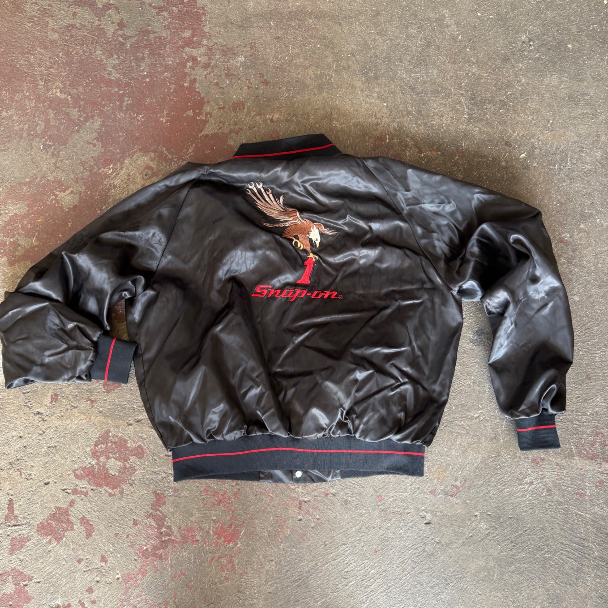 Vintage Snap On Bomber Jacket Horizon Sportswear Black Satin Men's XL