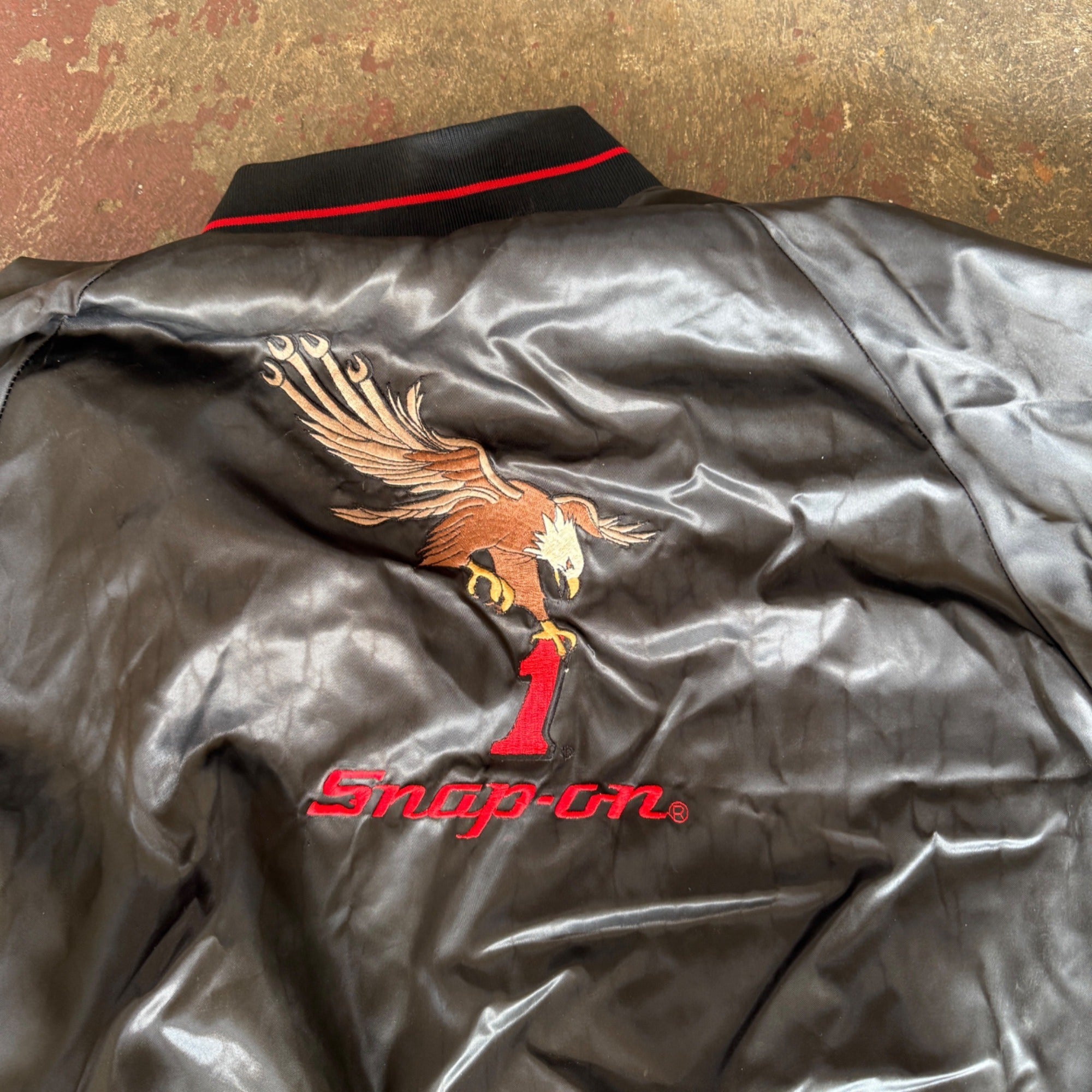 Vintage Snap On Bomber Jacket Horizon Sportswear Black Satin Men's XL