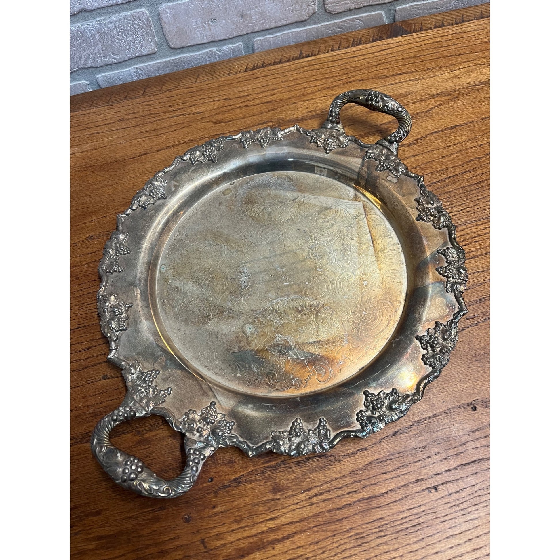 Vintage Crescent Silver Plated 14" Round Serving Tray w/ Handles Grape Vine
