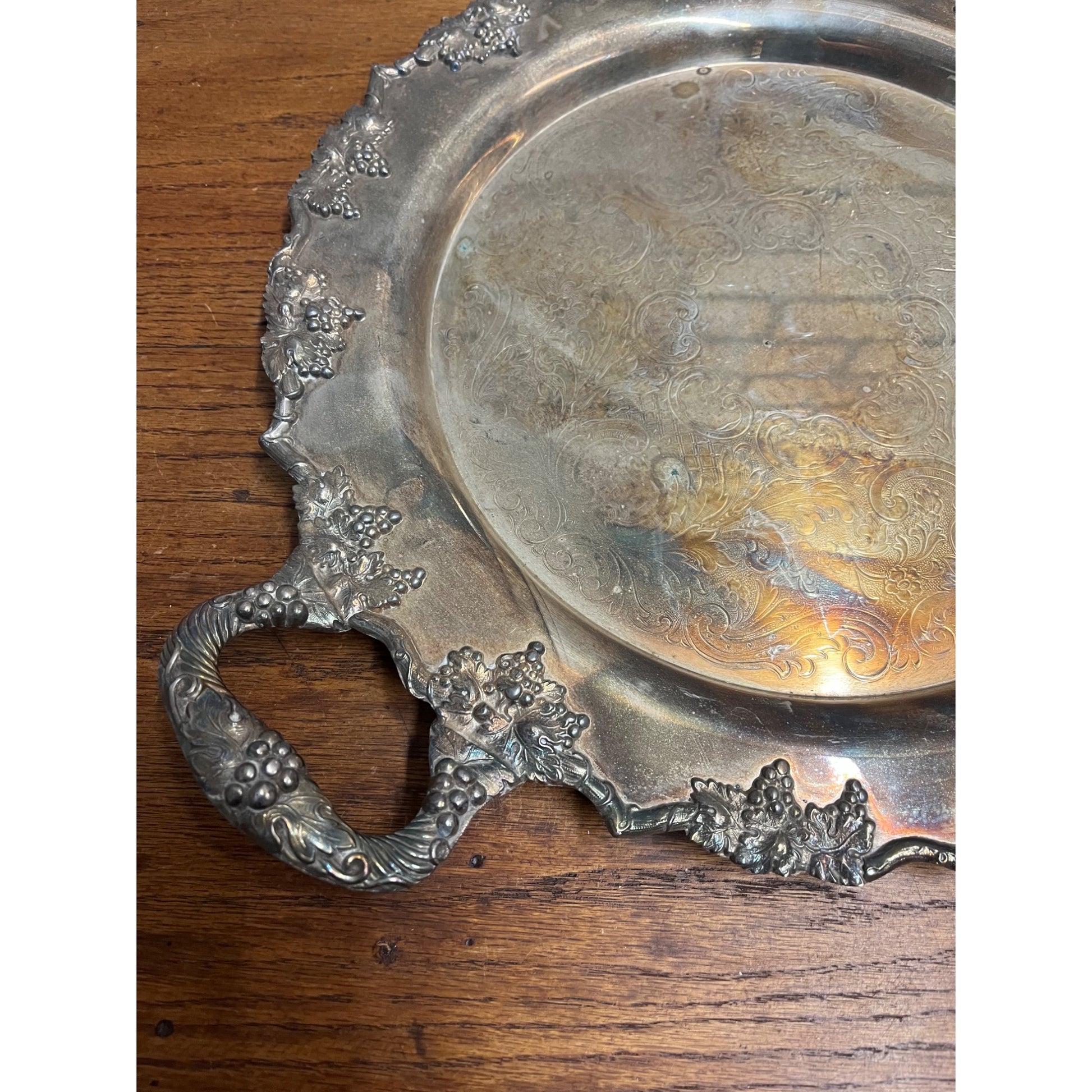 Vintage Crescent Silver Plated 14" Round Serving Tray w/ Handles Grape Vine